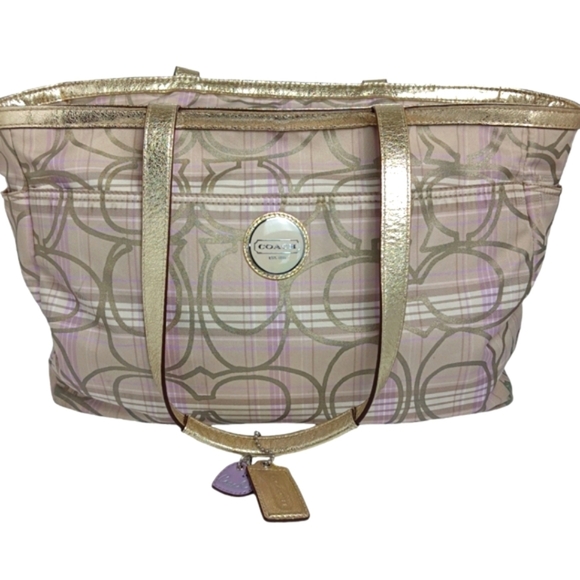 COACH Tartan Plaid Signature Diaper Tote Bag Tan/ Lavender LIKE NEW CONDITION - Picture 1 of 14